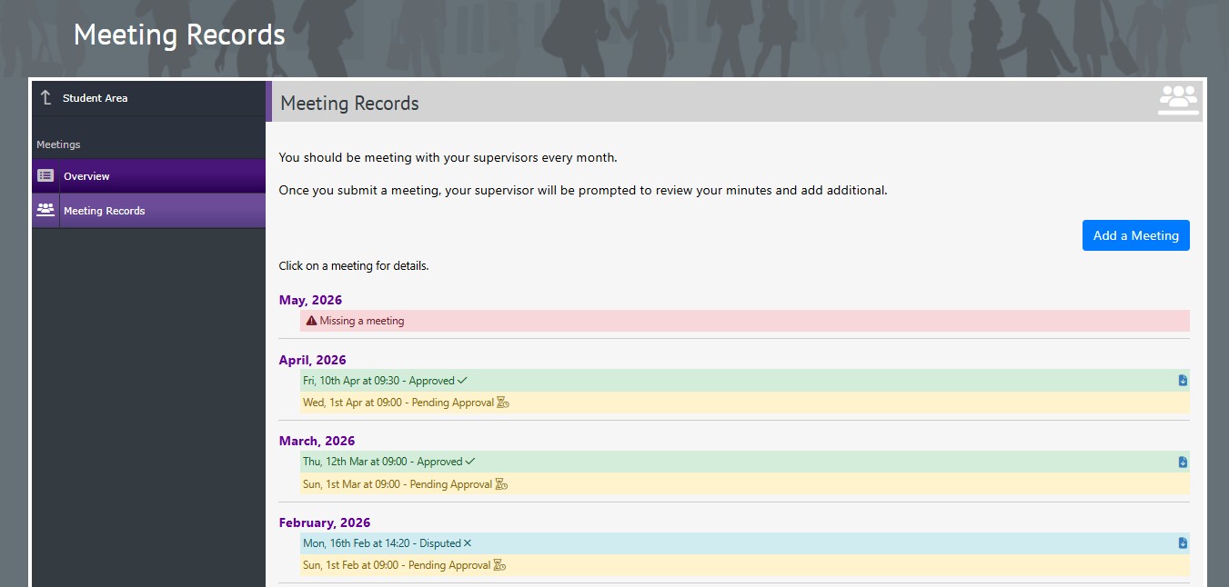 Screen grab of Co-Tutor dashboard for Postgraduate Taught students showing your meetings records.